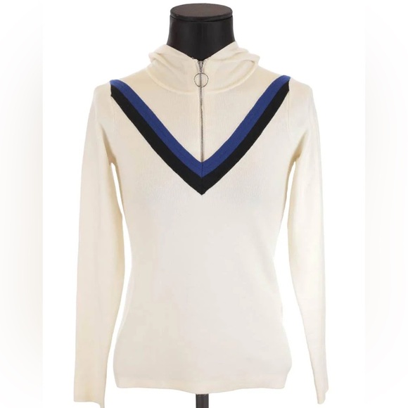 SANDRO PARIS HOODIE SWEATER CHEVRON QUARTER ZIPPER FITTED ECRU NWT SZ SMALL - Picture 1 of 11